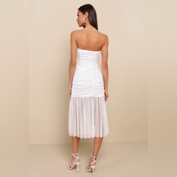 Lulus Sparkling Babe White Mesh Rhinestone Ruched Strapless Midi Dress - Picture 3 of 8